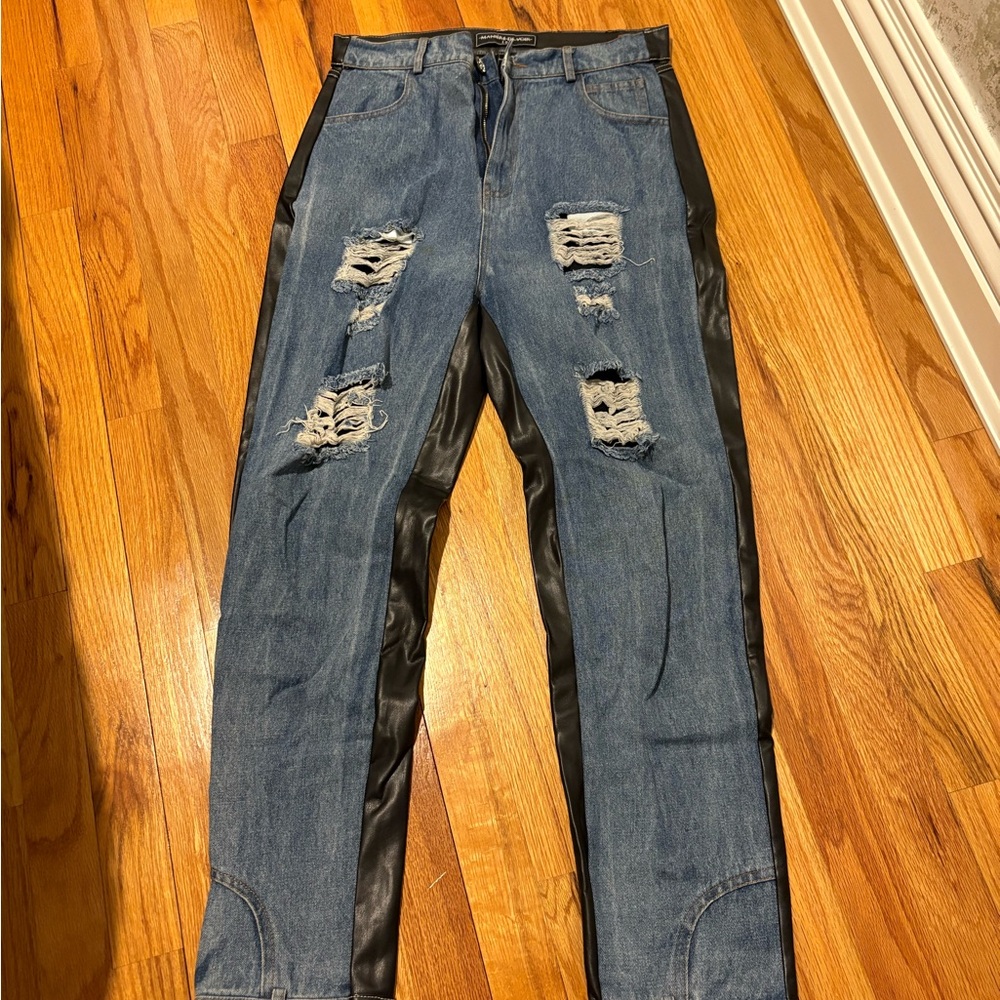Maniere De Voir Blue and Black Distressed Slim Jeans